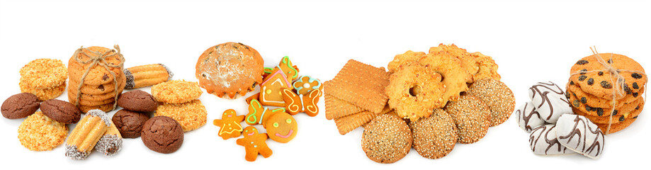 Cookies, gingerbread and muffin isolated on white . Skinali. Collage. Wide photo.