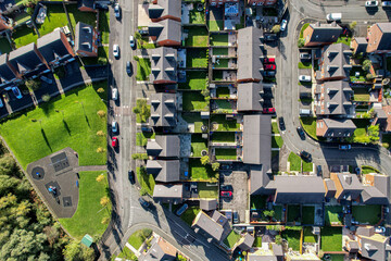 Aerial view of housing estate in England. Looking straight down satellite image style.British neighbourhood.
