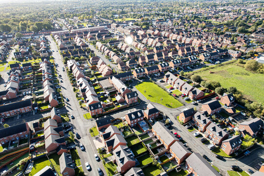 Aerial view of housing estate in England. Looking straight down satellite image style.British neighbourhood.