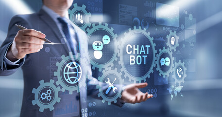 Chatbot computer program designed for conversation with human users over the Internet. Support and customer service automation technology concept.