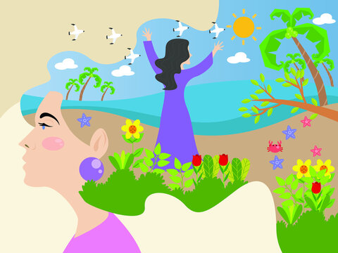 Mental health vector concept: Woman feeling free inside her mind while imagining standing in the beach