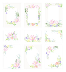 Floral frames in pastel colors set. Wedding invitation, postcard, poster, flyer with flowers vector illustration