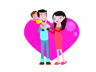 Happy family vector concept: Little boy and happy parents enjoying quality time together while standing with heart shape