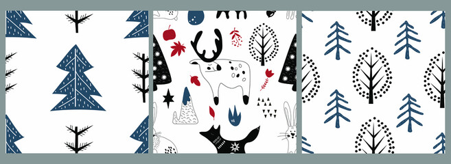 Vector set. Seamless pattern.  Various animals and natural elements in the Scandinavian style. 