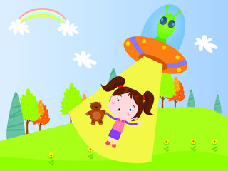 Obraz na płótnie Canvas Fantasy vector concept: Little girl looking and kidnapped by flying ufo on the sky while holding teddy bear