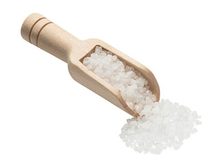 Fototapeta na wymiar sea salt poured from wooden scoop isolated on white