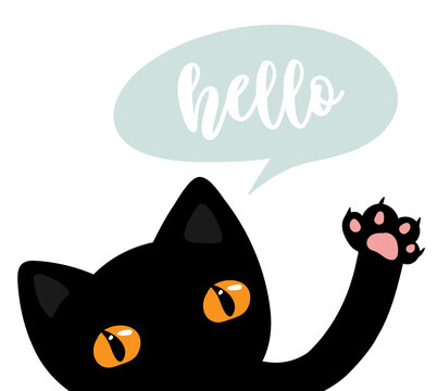 Black cat say hello, cute vector illustration for kids