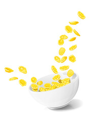 Cornflakes in ceramic bowl. Traditional dry corn flakes breakfast food, Isolated on white background. Vector illustration.