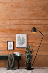Fototapeta na wymiar Stylish room interior with floor lamp, beautiful paintings and potted eucalyptus plant