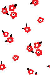 Simple floral pattern with small flowers. Seamless pattern with small red flowers freely arranged on a white background. Vector floral print..