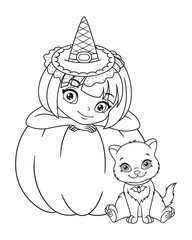 Little witch with kitten for Halloween coloring page. Black and white cartoon illustration