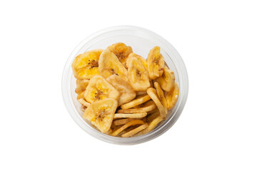 Banana chips isolated on a white background. Dehydrated banana.