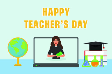 Teachers day vector concept: Happy teacher's day text while female teacher teaching online on laptop 