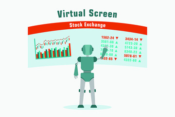 Stock exchange vector concept: Robot touching number of stock exchange on virtual screen 