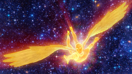 3d illustration of a fiery angel flying through space