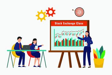 Stock exchange vector concept: Businesswoman explaining graph of stock exchange to her class 