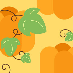 Orange Pumpkin and green leaves background. Happy Halloween concept. Cartoon vector style for your design.