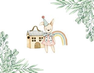 Watercolor illustration card with eucalyptus branches frame, bunny, toy house, rainbow. Isolated on white background. Hand drawn clipart. Perfect for card, postcard, tags, invitation, printing. 