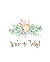 Watercolor illustration card welcome baby with eucalyptus branches and bunny. Isolated on white background. Hand drawn clipart. Perfect for card, postcard, tags, invitation, printing, wrapping.