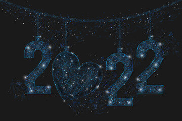 Abstract isolated blue image of new year number 2022. Polygonal low poly wireframe illustration looks like stars in the blask night sky in spase or flying glass shards. Digital web, internet design. © Katsiaryna