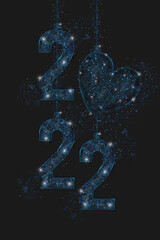 Abstract isolated blue image of new year number 2022. Polygonal low poly wireframe illustration looks like stars in the blask night sky in spase or flying glass shards. Digital web, internet design. © Katsiaryna