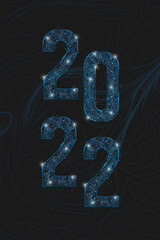 Abstract isolated blue image of new year number 2022. Polygonal low poly wireframe illustration looks like stars in the blask night sky in spase or flying glass shards. Digital web, internet design. © Katsiaryna