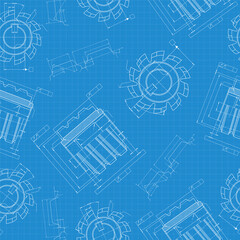 Mechanical engineering drawings on blue background. Cutting tools, milling cutter. Technical Design. Cover. Blueprint. Seamless pattern. Vector illustration.