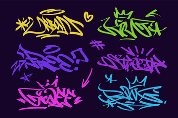 multicolored graffiti  with letters, bright colored lettering tags in the style of graffiti street art. Vector illustration