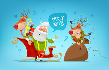 Cute cartoon Santa Claus with funny reindeers characters with gift box and garland - vector Christmas greeting card template. Modern flat style Christmas characters on blue holiday background
