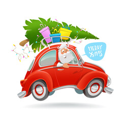 Modern cartoon Santa Claus ride by car with gift boxes and Christmas  tree on top - isolated vector . Merry Christmas character driving red car on white background