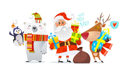 Cartoon Santa Claus with gift boxes, cute reindeer, polar bear - isolated vector. Funny Christmas characters design on white background