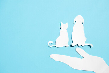 Paper silhouette of a cat and dog on a blue background. Flat lay, place for text. Veterinary or animal care.