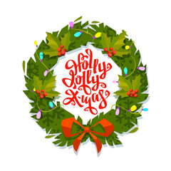 Cartoon Holly Jolly Christmas wreath with lettering for greeting card or label design. Flat style wreath frame vector illustration