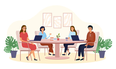 People at table. Business conference, meeting of board of directors. Employees working on one project, coworking, goal, success. Cartoon flat vector illustration isolated on white background