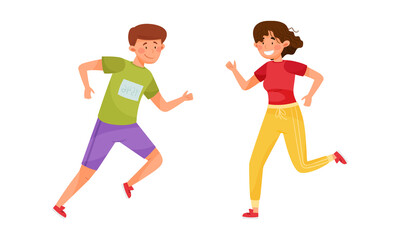 Young Man and Woman in Sportswear Running Marathon Vector Set