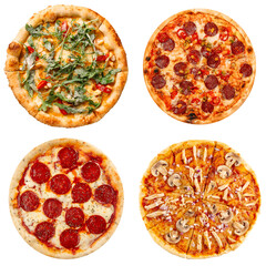 Set of different pizzas collage isolated on white background