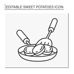 Superfood line icon. Fried sweet potato on a pan. Vegetarian food.Food concept. Isolated vector illustration. Editable stroke