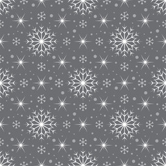 Seamless pattern with white snowflakes and stars on gray background. Festive winter traditional decoration for New Year, Christmas, holidays and design. Ornament of simple line
