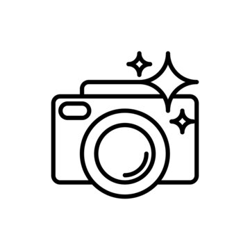 Camera with flash thin line icon. Modern vector illustration for photographer's logo.