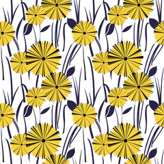 Seamless retro style illustration with yellow flowers and blue leaves on white background