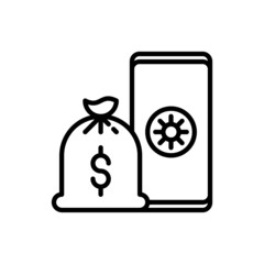 Deposit app thin line icon: bag with money on smartphone. Modern vector illustration.