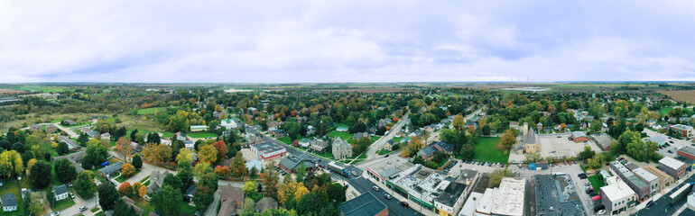 Aerial panorama of Arthur, Ontario, Canada in fall