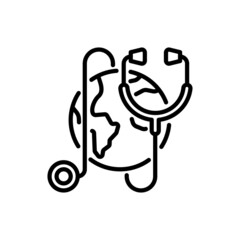 Online medicine thin line icon, stethoscope on globe. Modern vector illustration.