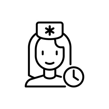 Doctor's appointment thin line icon: woman doctor with clock. Modern vector illustration.