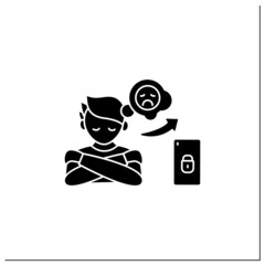 Smartphone addiction glyph icon. Increasing loneliness, depression. Mental health. Anxiety. Overwhelmed concept.Filled flat sign. Isolated silhouette vector illustration