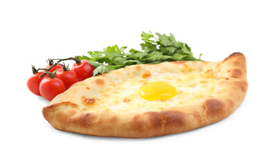 Fresh delicious Adjarian khachapuri, parsley and tomatoes on white background
