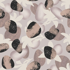 Hand drawn seamless pattern with flower silhouettes and stones. Abstract background in collage style.
