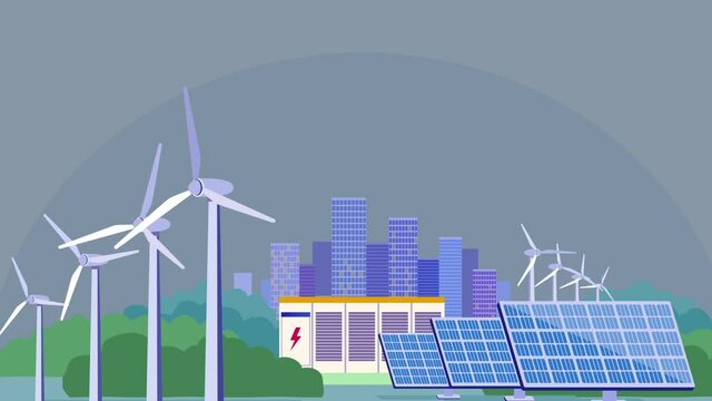 Renewable energy. Moving wind turbines and solar panels produce electricity. Alternative energy sources. Modern city day and night. Animated cartoon in high resolution on light background