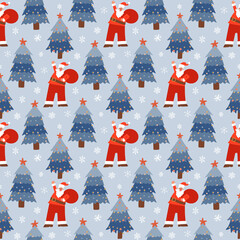 Christmass seamless pattern with cartoon Santa Claus walking with sack of gifts on snowy blue background with fir trees. Vector flat hand drawn illustration.