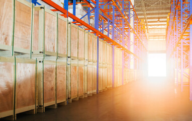 Tall Shelves Storage Warehouse Interior. Cargo Wooden Boxes in Storage. Supply Chain Shipping Warehouse Logistics.